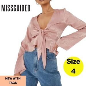 2/for $20 🪩 MISSGUIDED+ Shiny DustyRose Tie-Front Peplum Blouse 💘 (Size 4) NWT